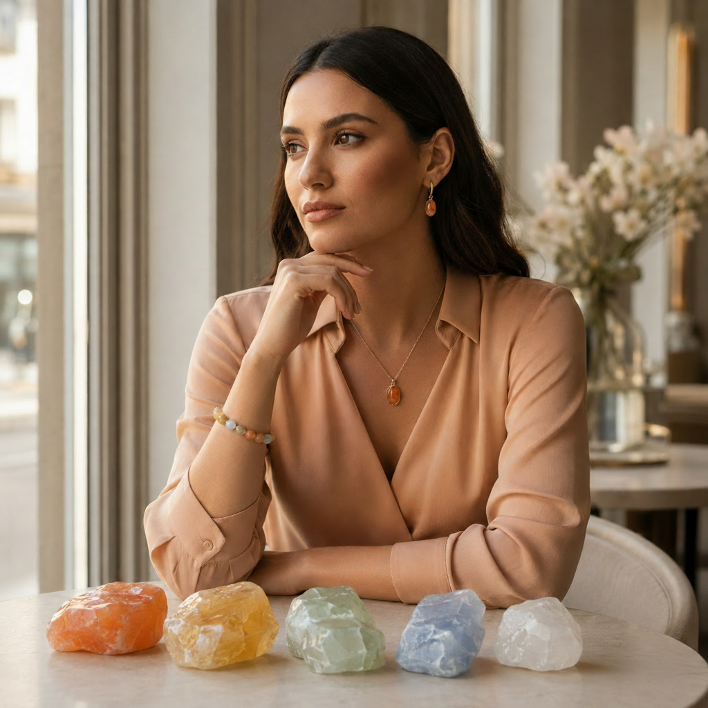 Edelsteinkollektion Calzit bei DAVUTA mit Model und Schmuck