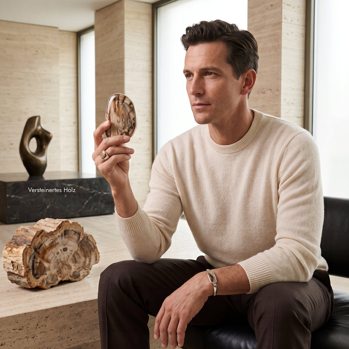 Edelsteinkollektion Versteinertes Holz bei DAVUTA mit Model und Schmuck