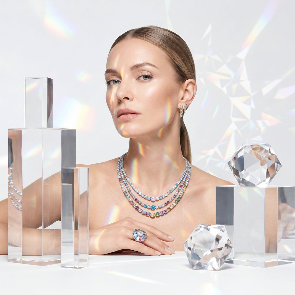Edelsteinkollektion Zirkonia bei DAVUTA mit Model und Schmuck