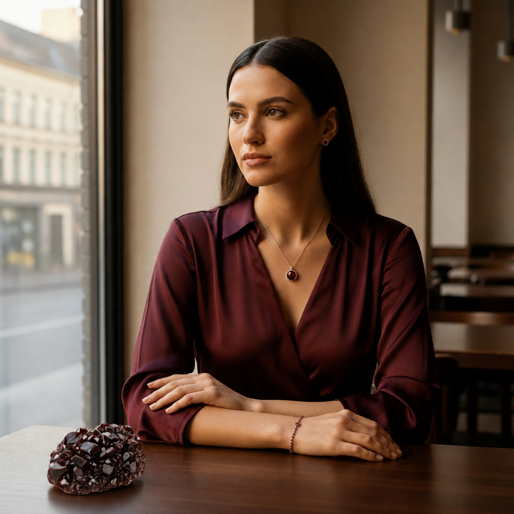 Edelsteinkollektion Granat bei DAVUTA mit Model und Schmuck