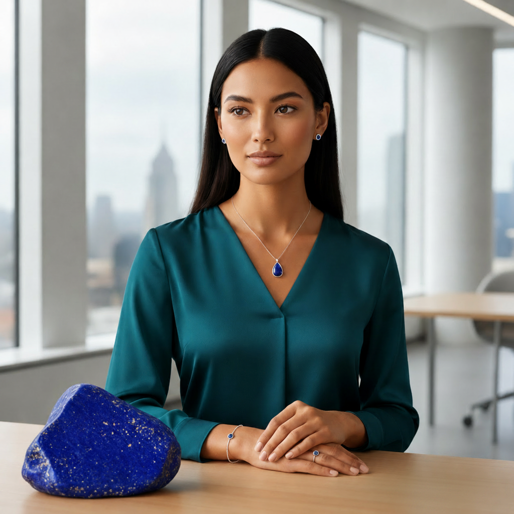 Edelsteinkollektion Lapislazuli bei DAVUTA mit Model und Schmuck