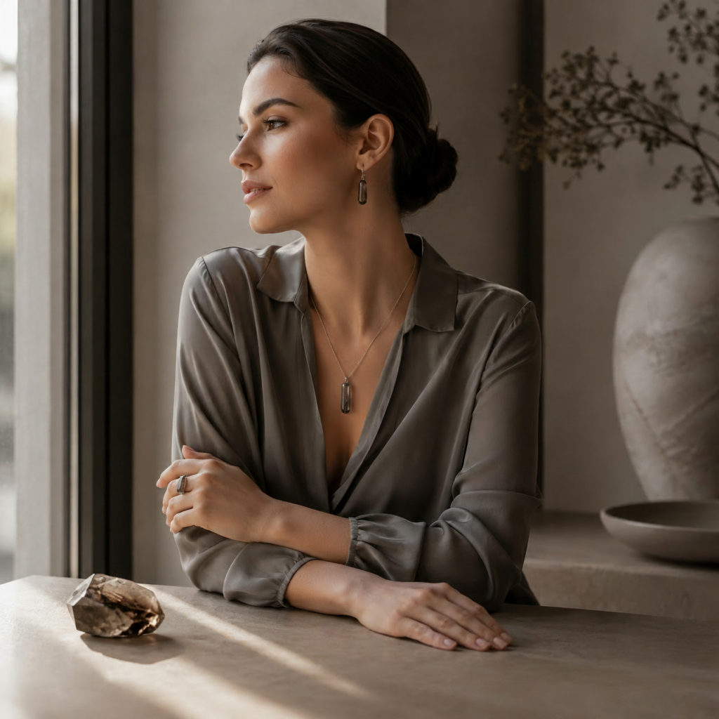 Edelsteinkollektion Rauchquarz bei DAVUTA mit Model und Schmuck