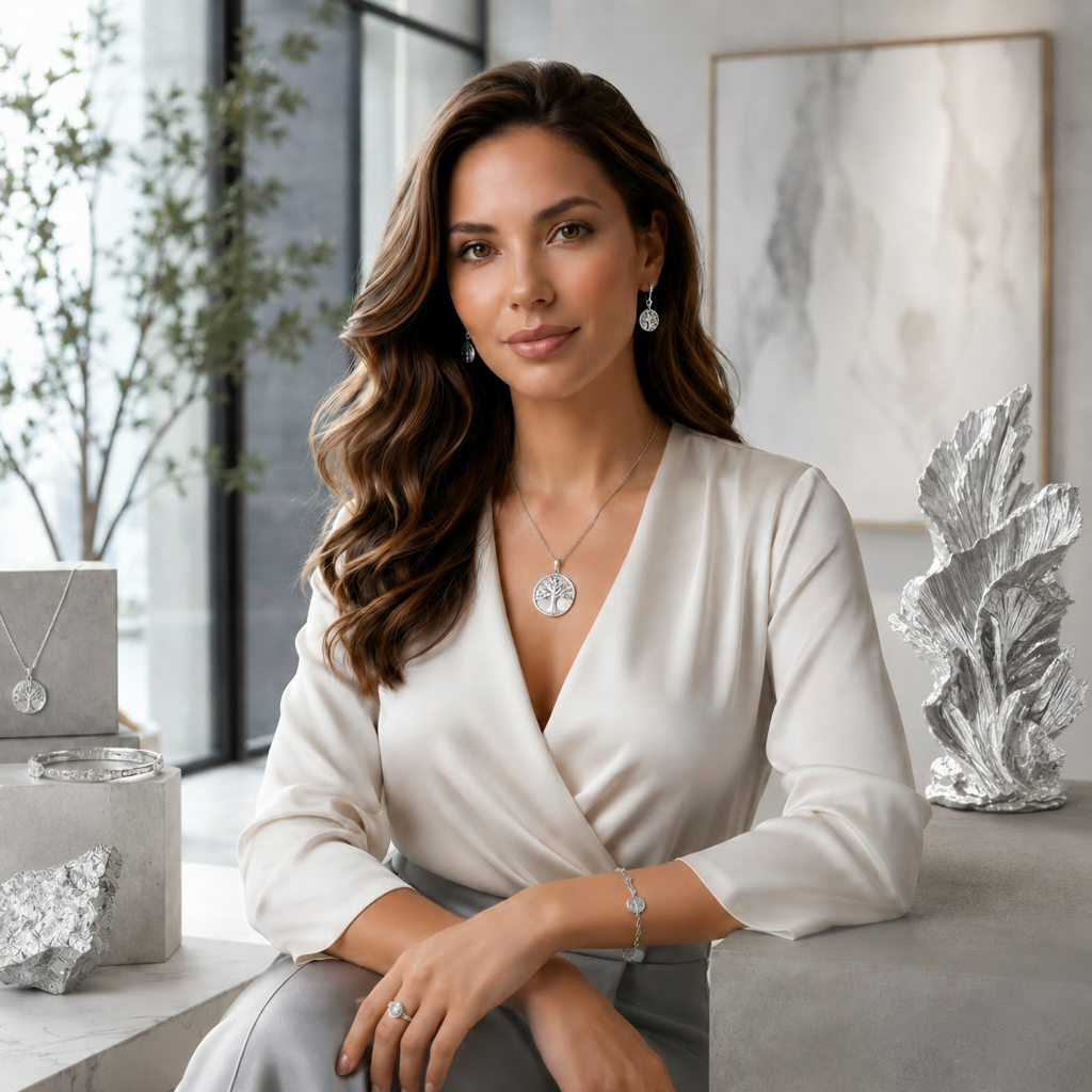 Edelsteinkollektion/Edelmetall Silber bei DAVUTA mit Model und Schmuck