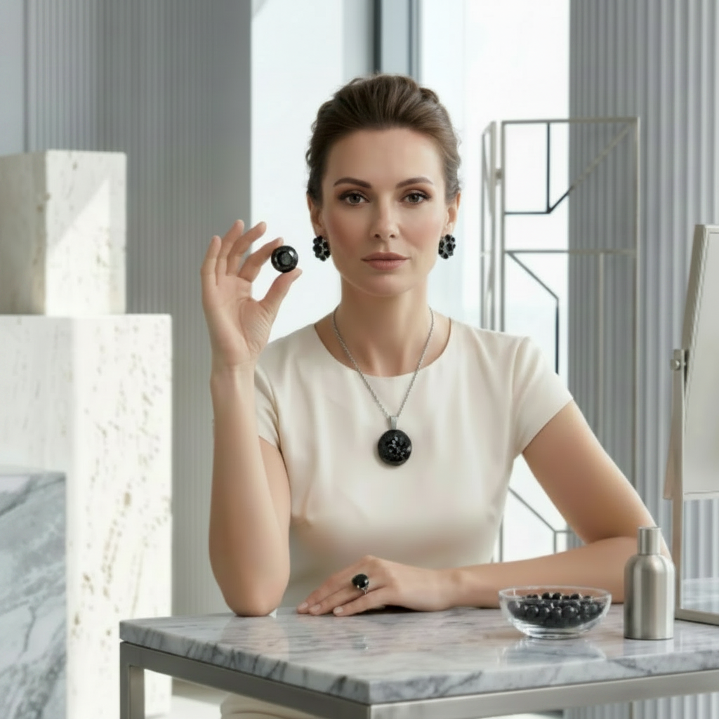 Edelsteinkollektion Spinell bei DAVUTA mit Model und Schmuck