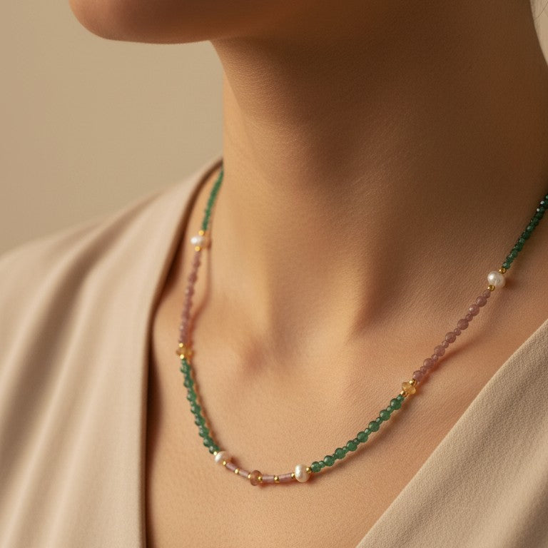 Damen Collier / Aurora Vita / 925er Silber vergoldet / Aventurin + Turmalin + Perlmutt