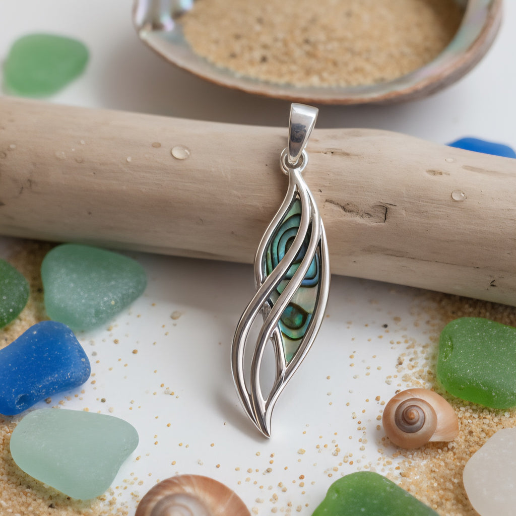 Damen Kette mit Anhänger / Onda del Mare / 925er Silber / Abalone-Muschel / Feine Welle