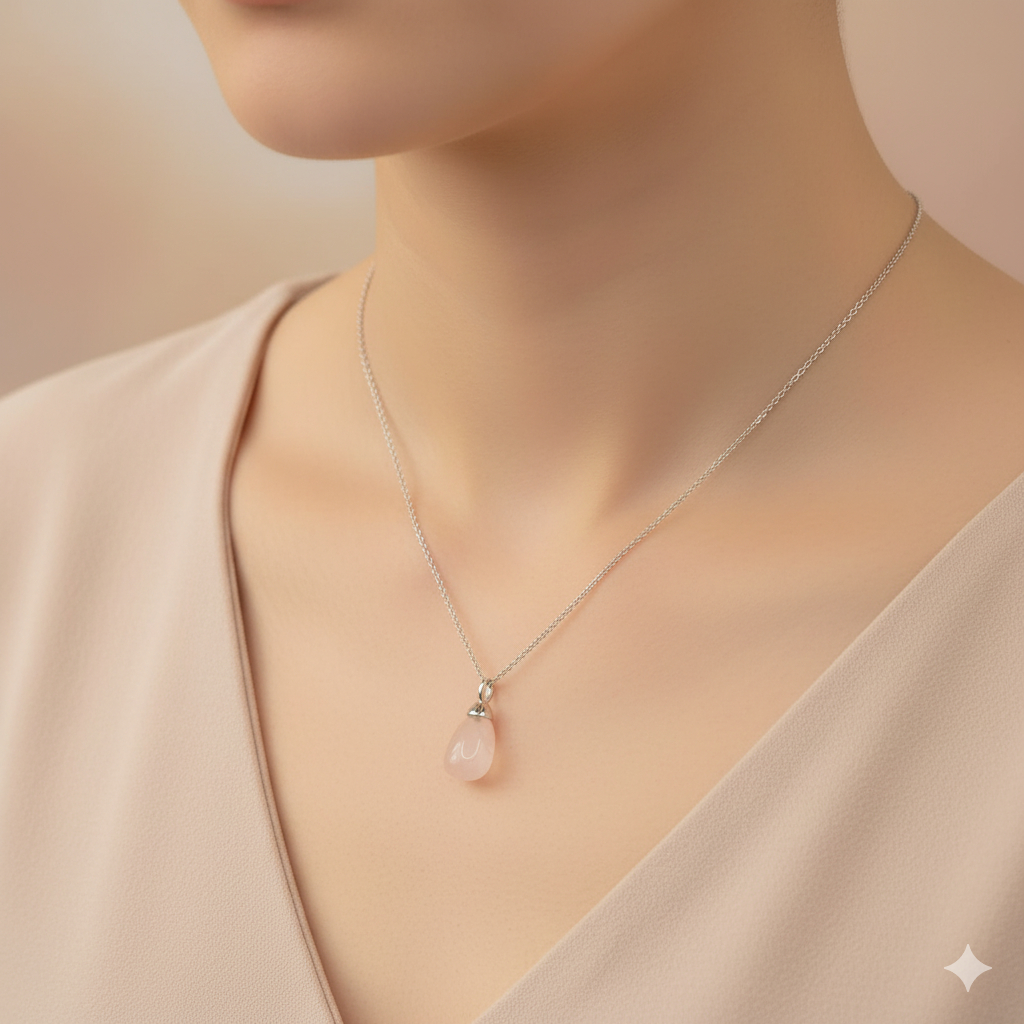 Damen Kette mit Rosenquarzanhänger - Silber