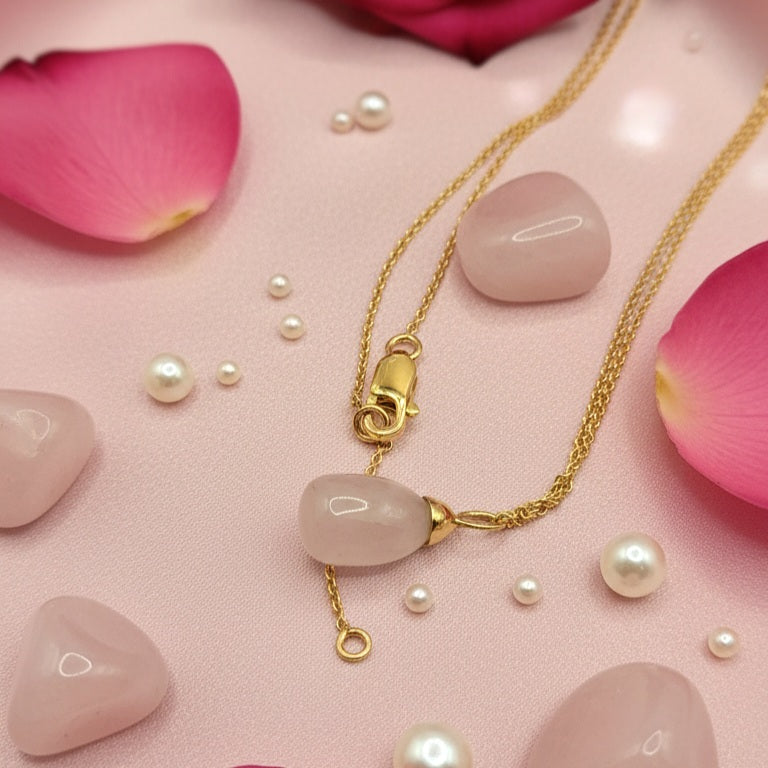 Damen Kette mit Rosenquarzanhänger - Einzelstück vergoldet