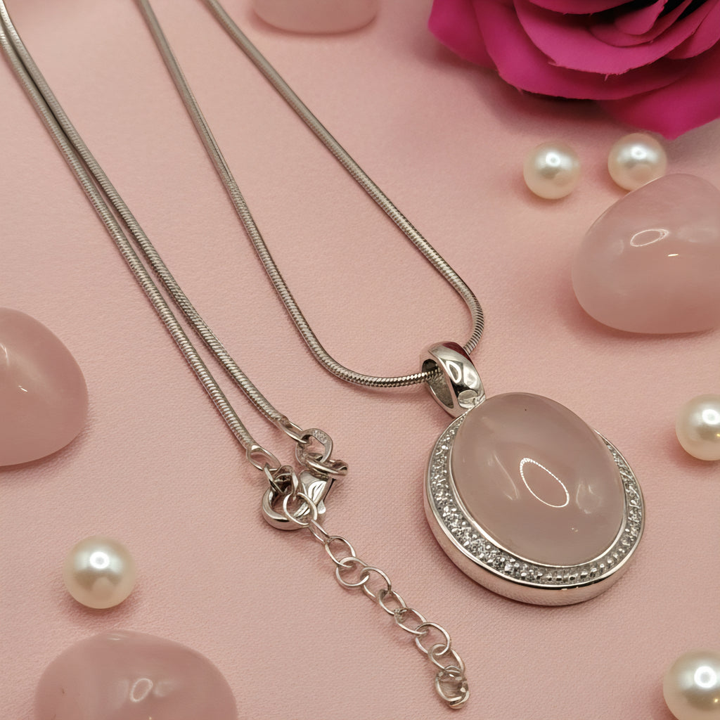 Damen Kette mit Anhänger Rosenquarz Oval