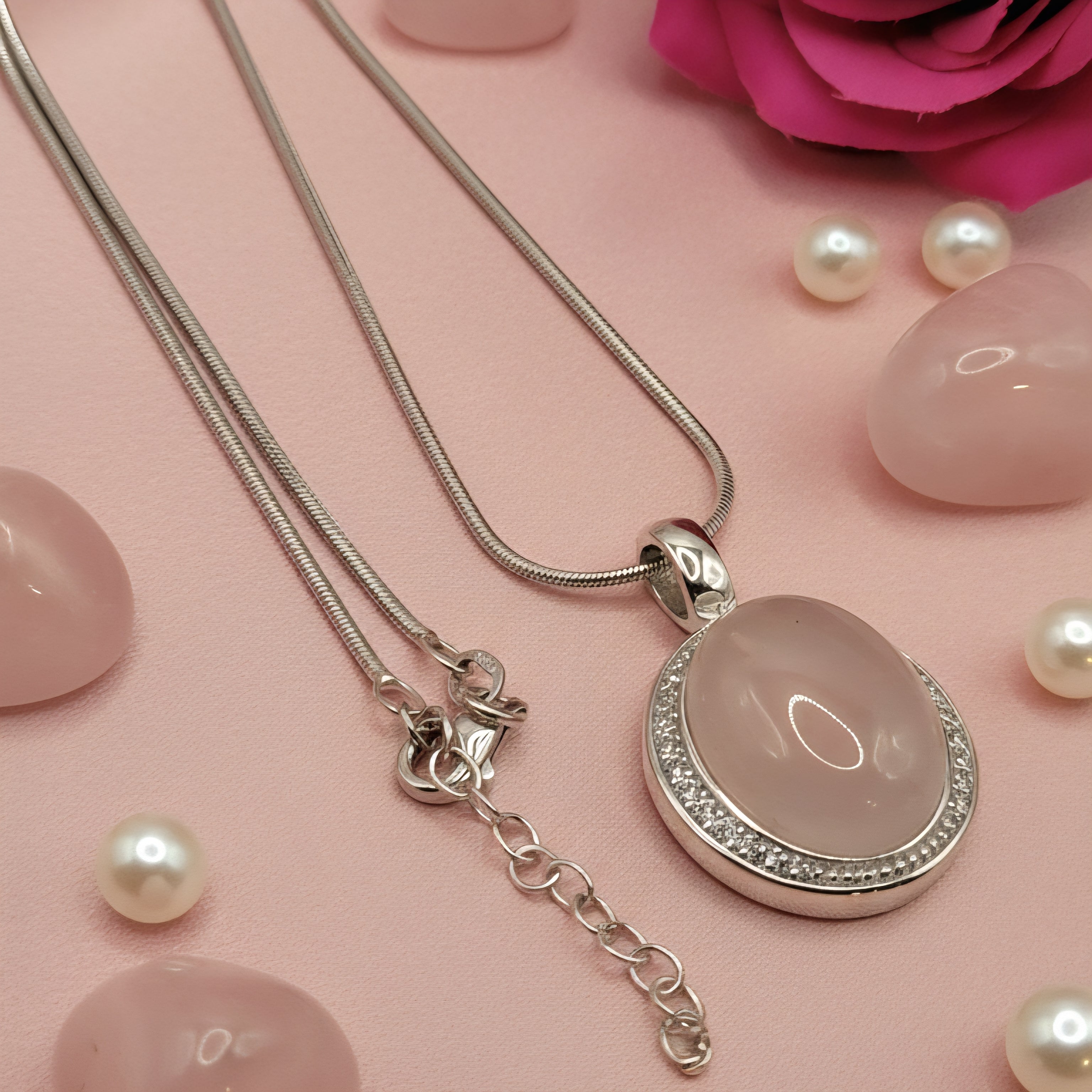 Damen Kette mit Anhänger Rosenquarz Oval
