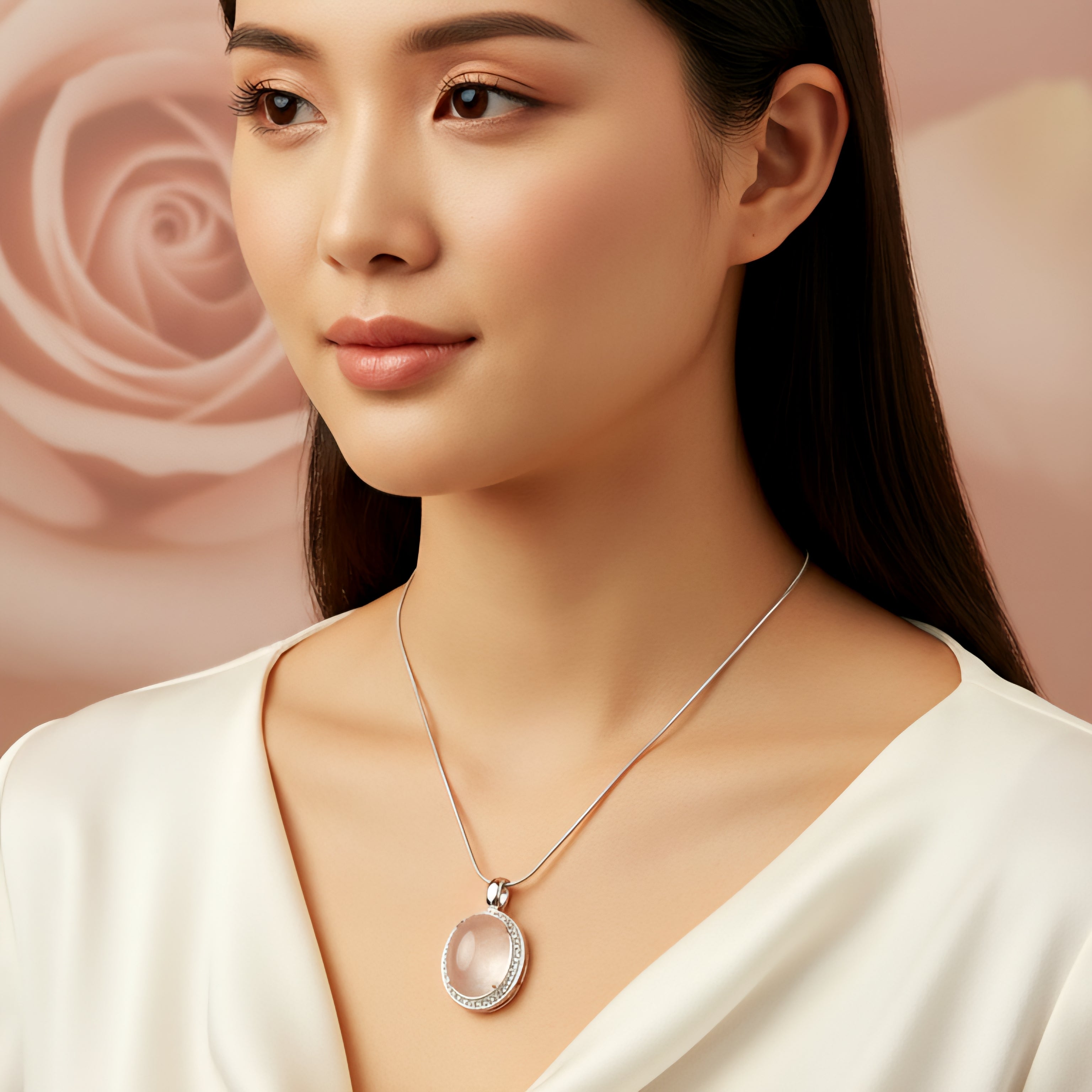 Damen Kette mit Anhänger Rosenquarz Oval