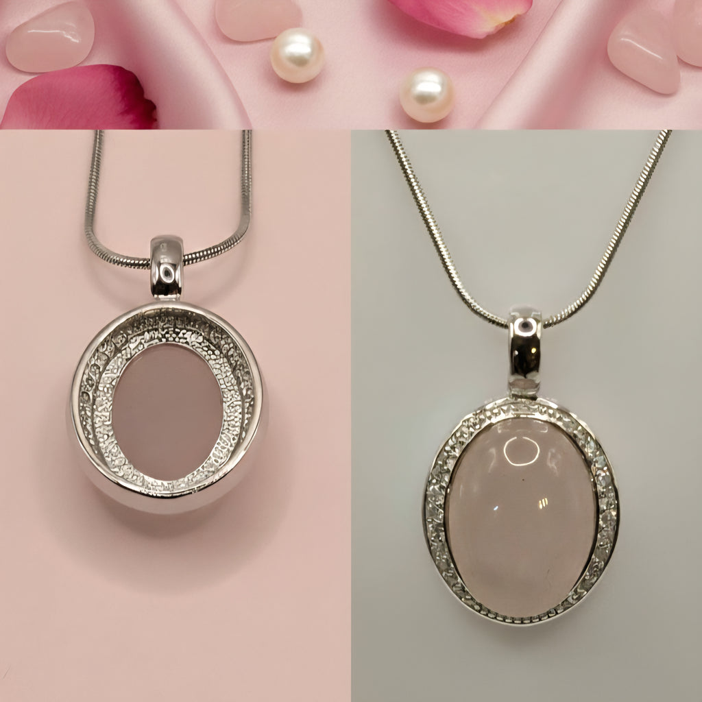 Damen Kette mit Anhänger Rosenquarz Oval