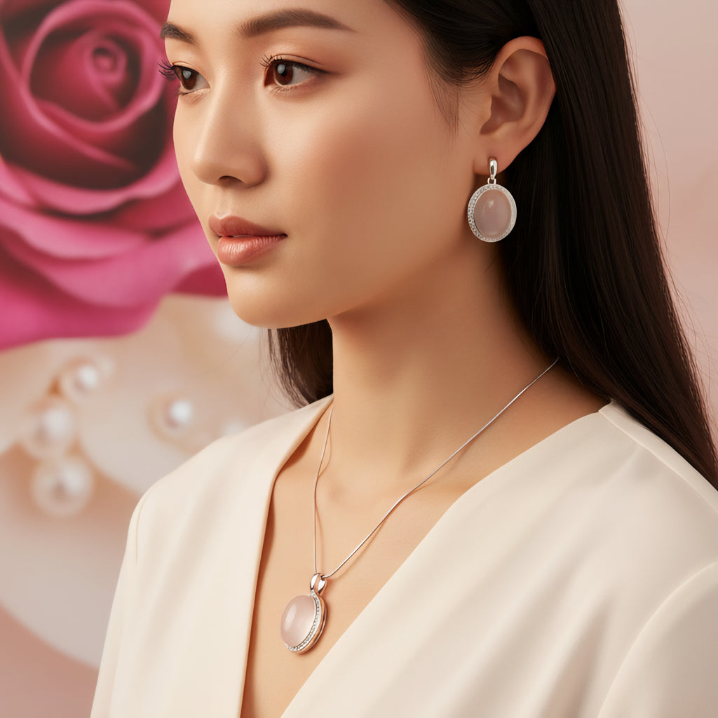 Damen Kette mit Anhänger Rosenquarz Oval