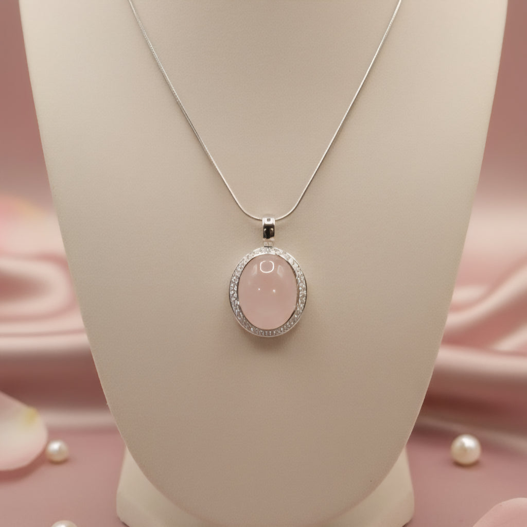 Damen Kette mit Anhänger Rosenquarz Oval
