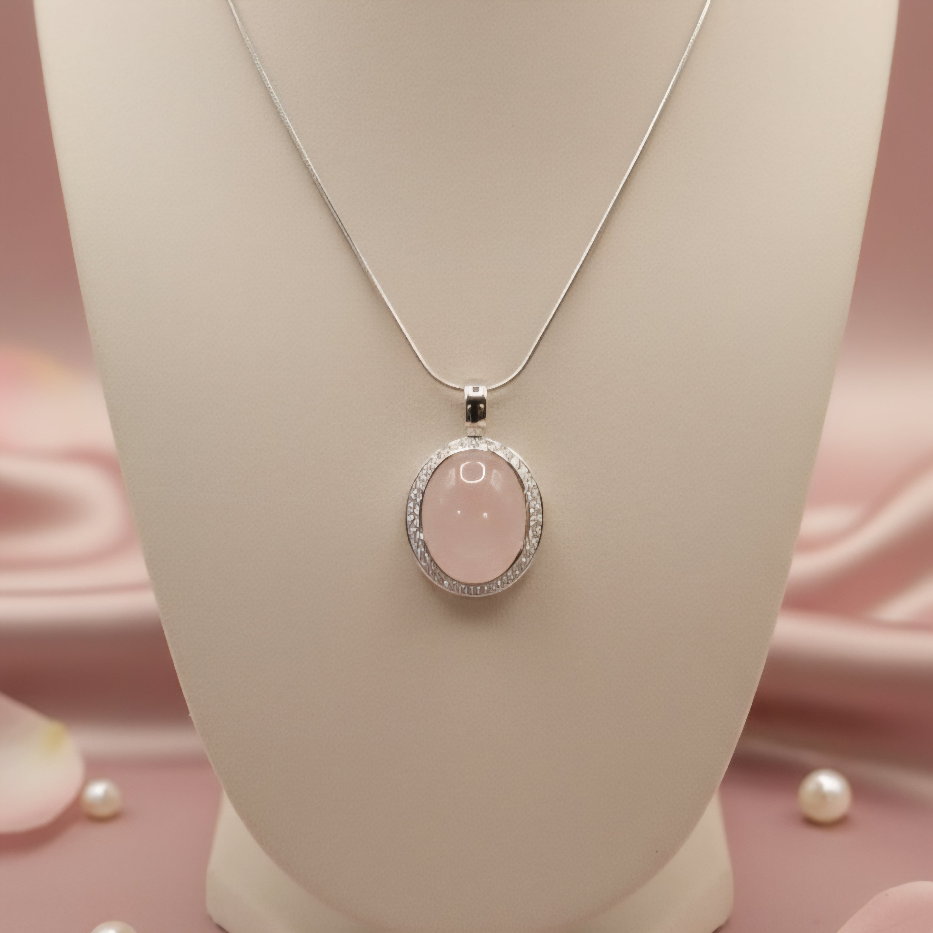 Damen Kette mit Anhänger Rosenquarz Oval