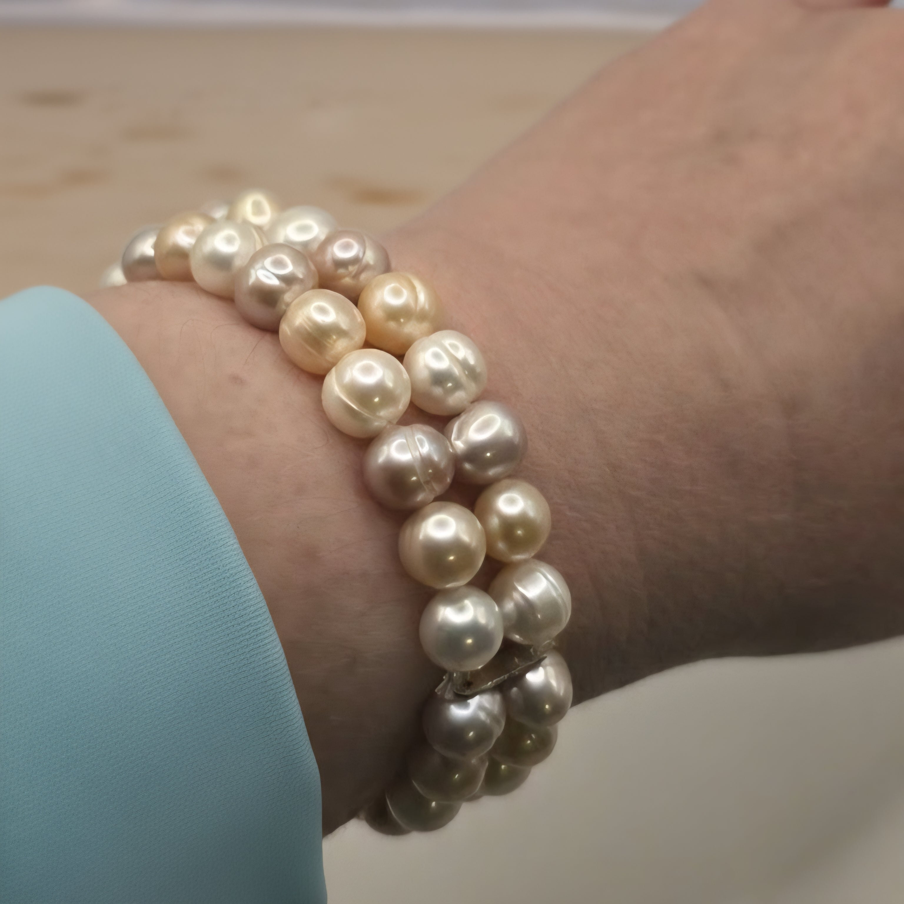 Damen Armband mit Süßwasserperlen multi, 2reihig