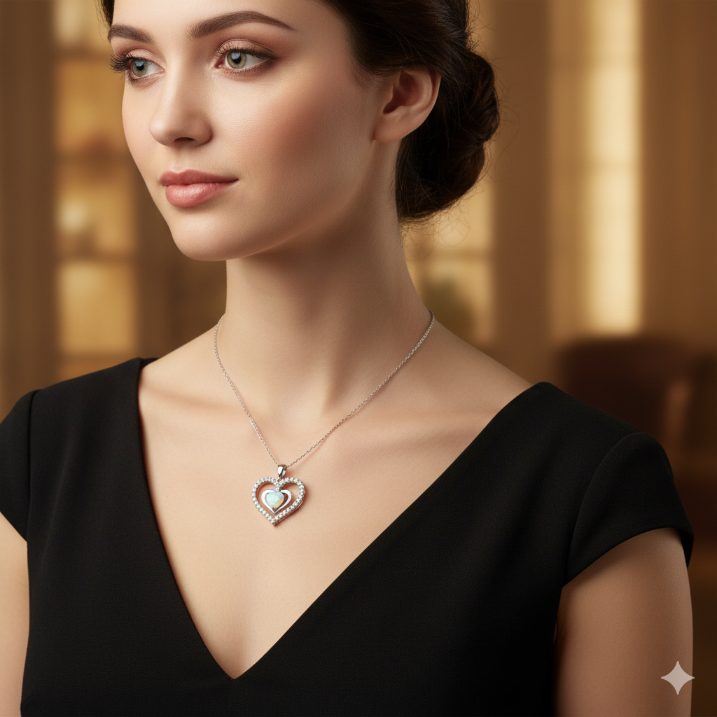 Damen Kette mit Anhänger Herz & Opalherz