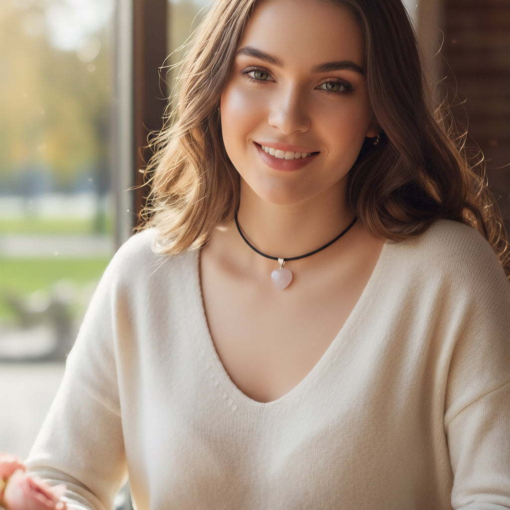 Rosenquarzherz Anhänger mit Kunstlederband