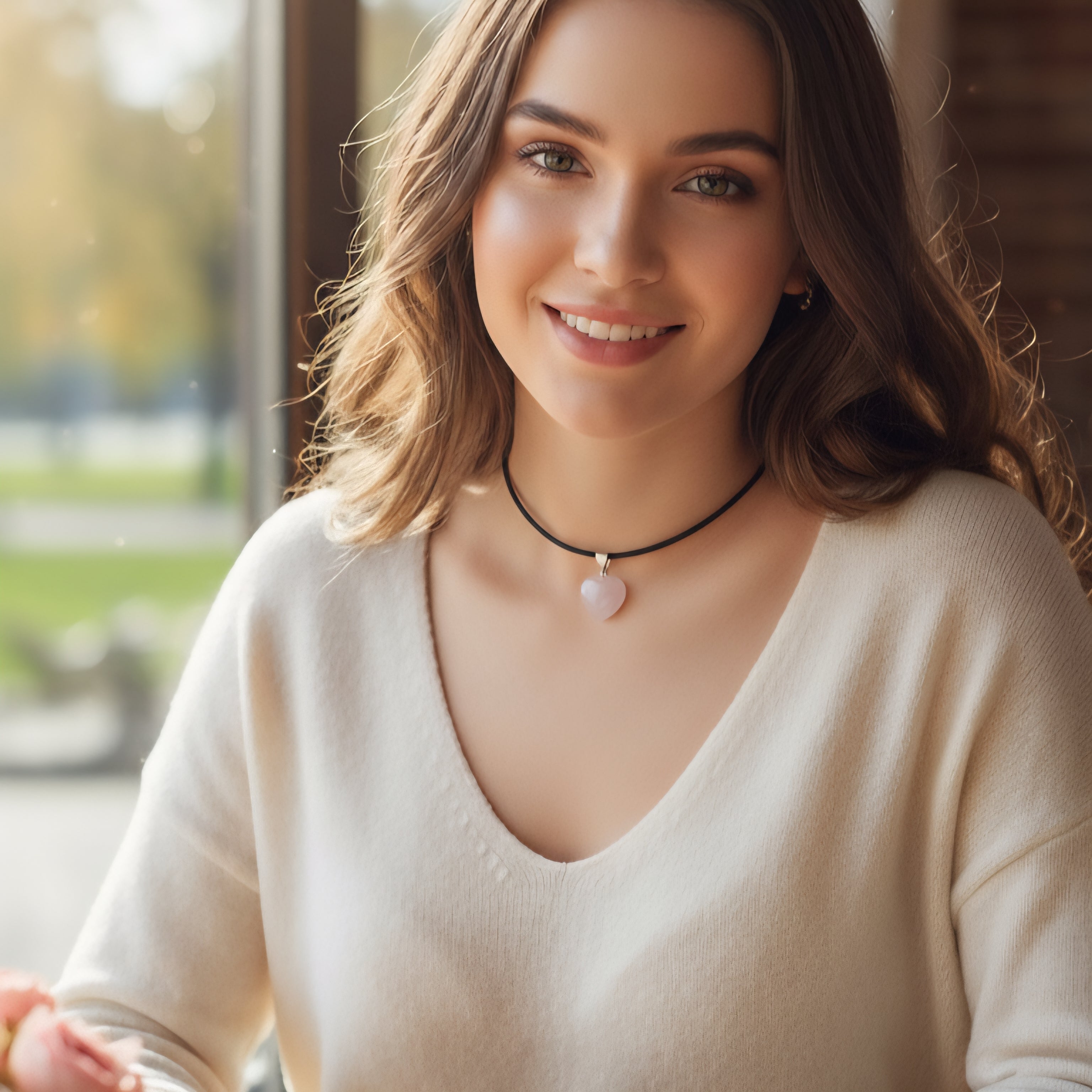 Rosenquarzherz Anhänger mit Kunstlederband