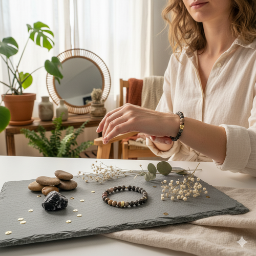 Damen Armband "Forza Armonia" / Edelsteine Jaspis + Hämatit / Silberdetail vergoldet