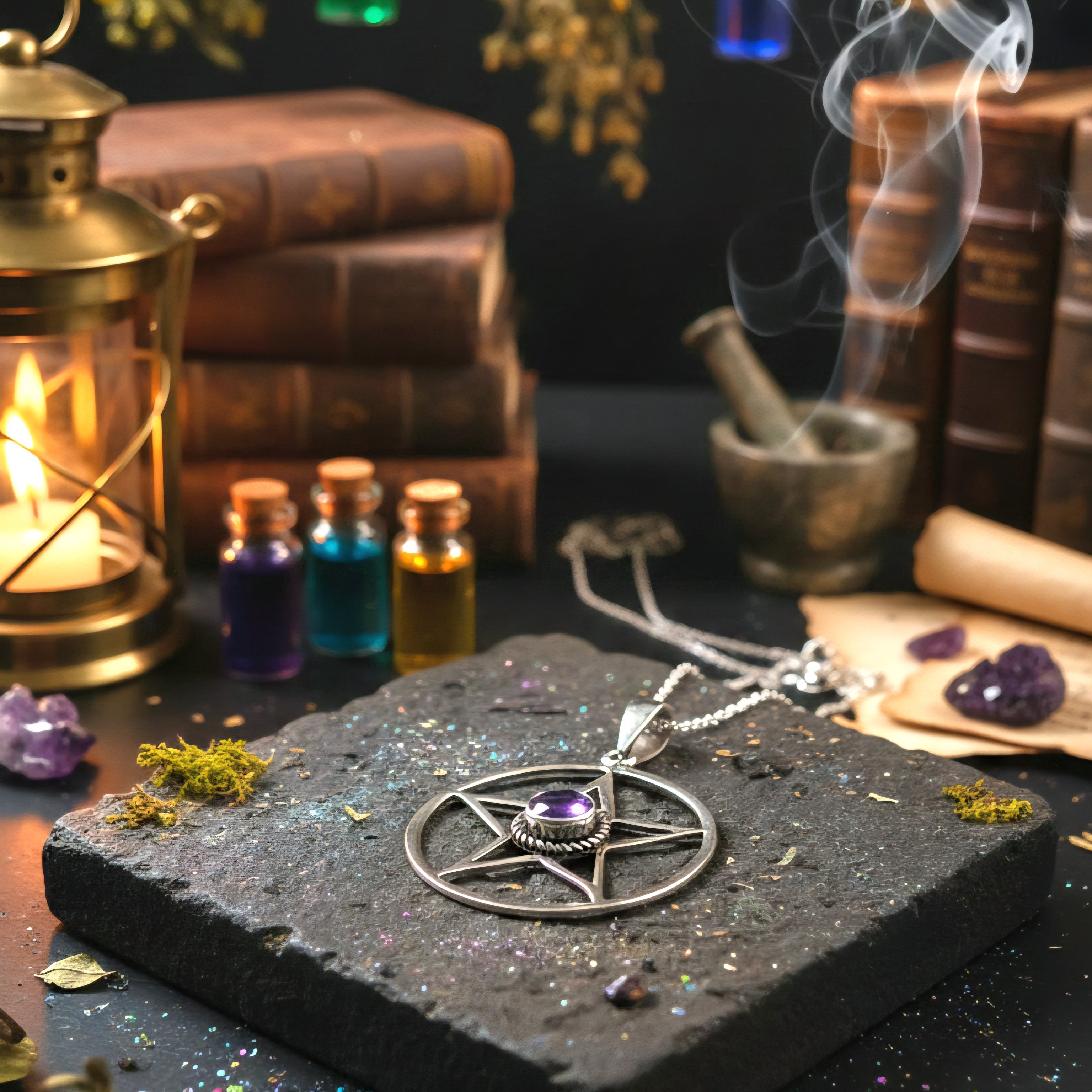 Damen Kette mit Anhänger Pentagramm mit Amethyst