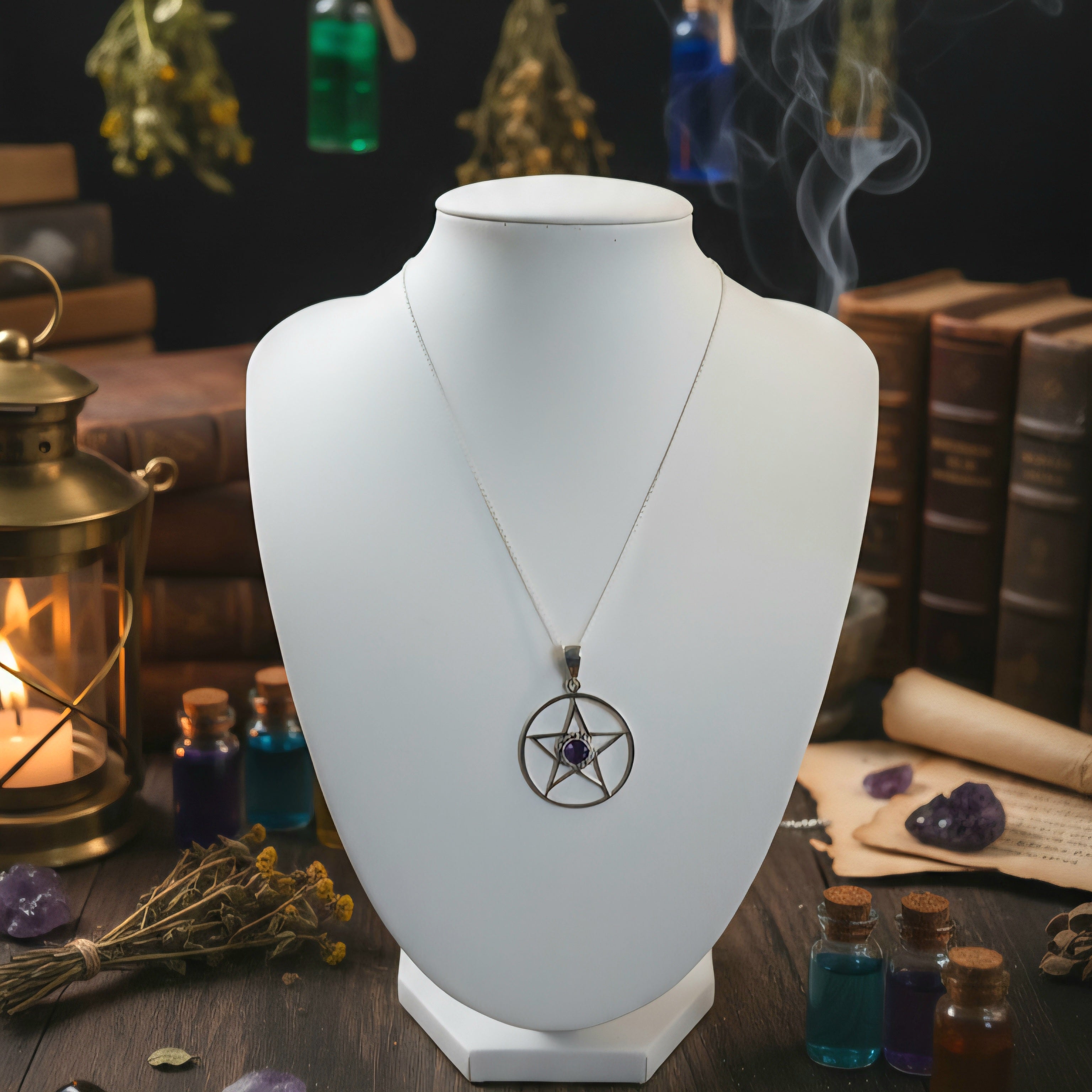 Damen Kette mit Anhänger Pentagramm mit Amethyst
