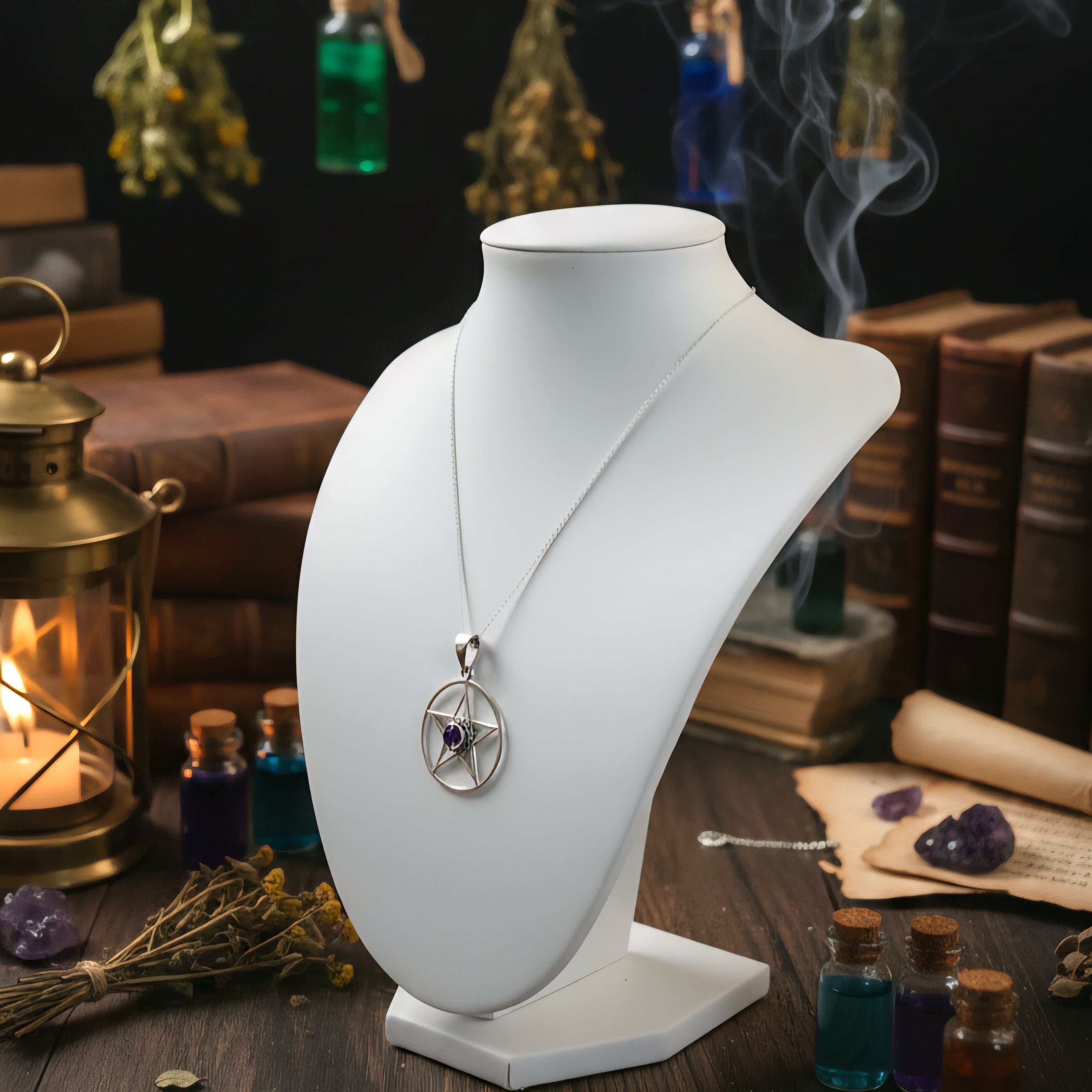 Damen Kette mit Anhänger Pentagramm mit Amethyst