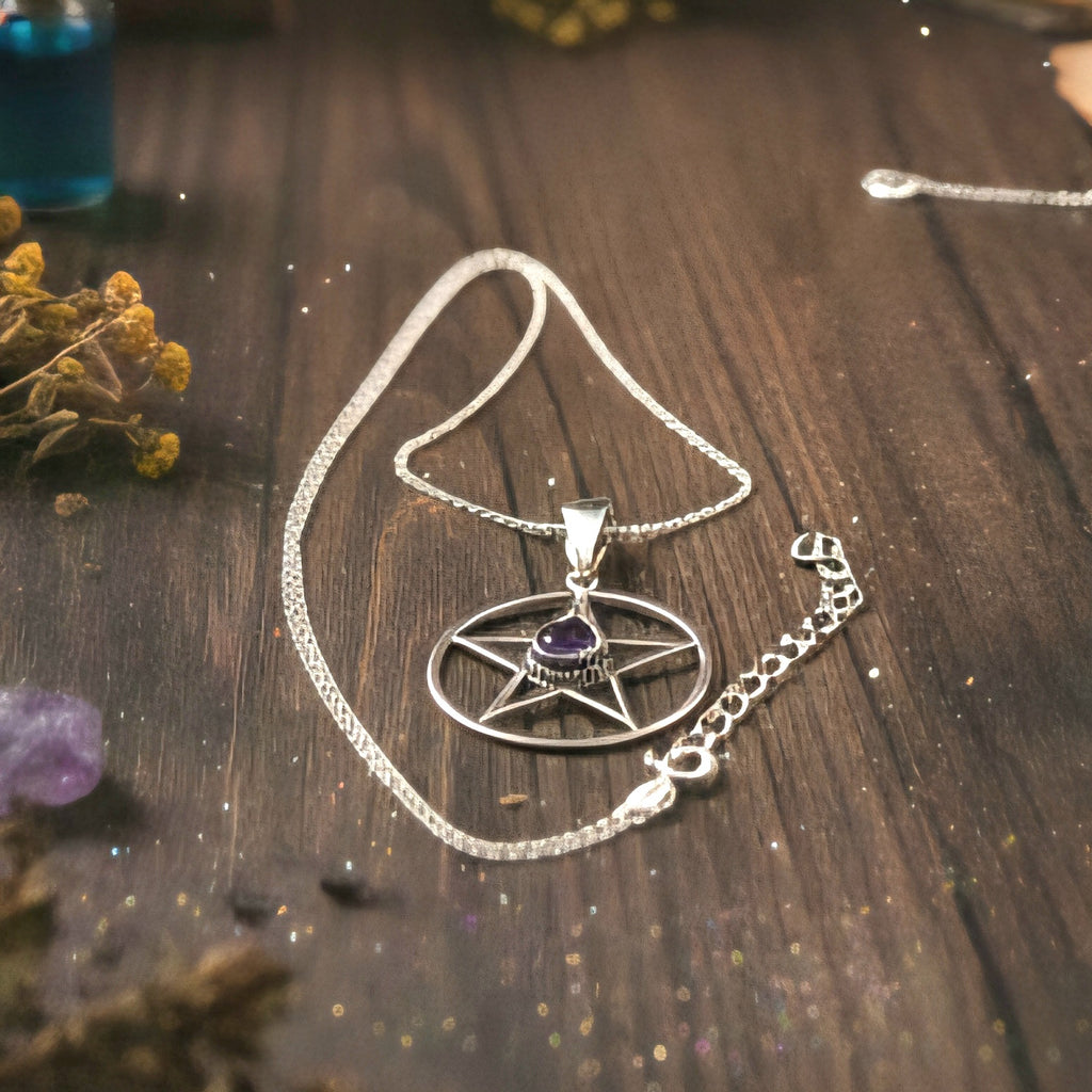 Damen Kette mit Anhänger Pentagramm mit Amethyst