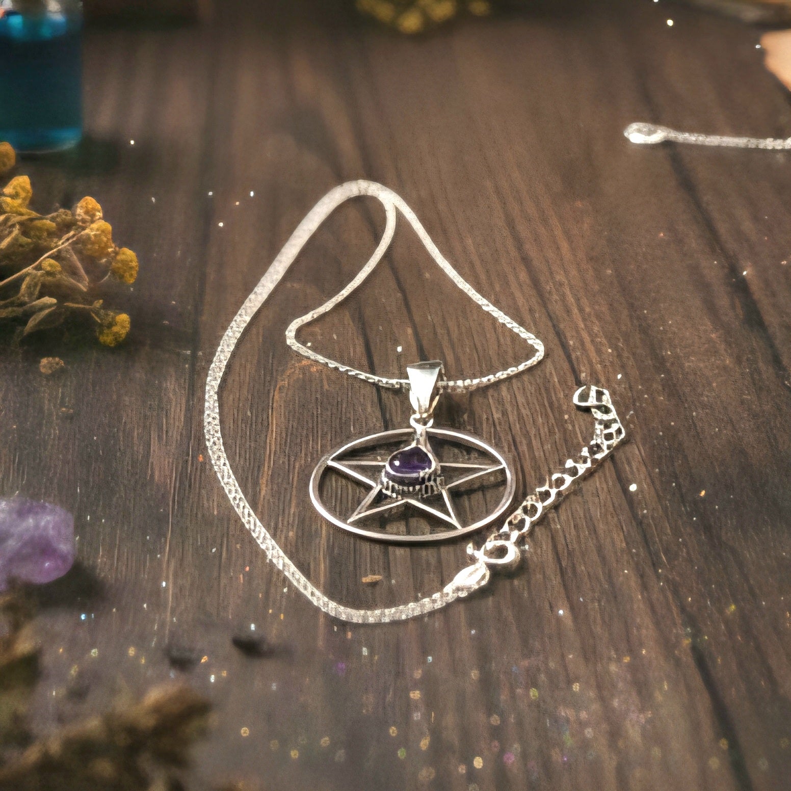 Damen Kette mit Anhänger Pentagramm mit Amethyst