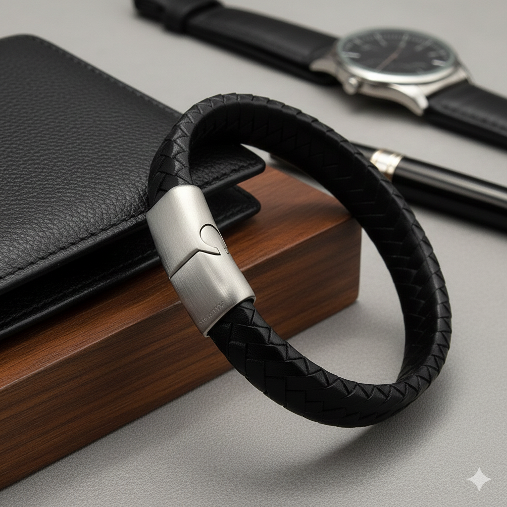 Herren Armband / Nero Intreccio / Kalbsleder + Edelstahl / schlicht und edel