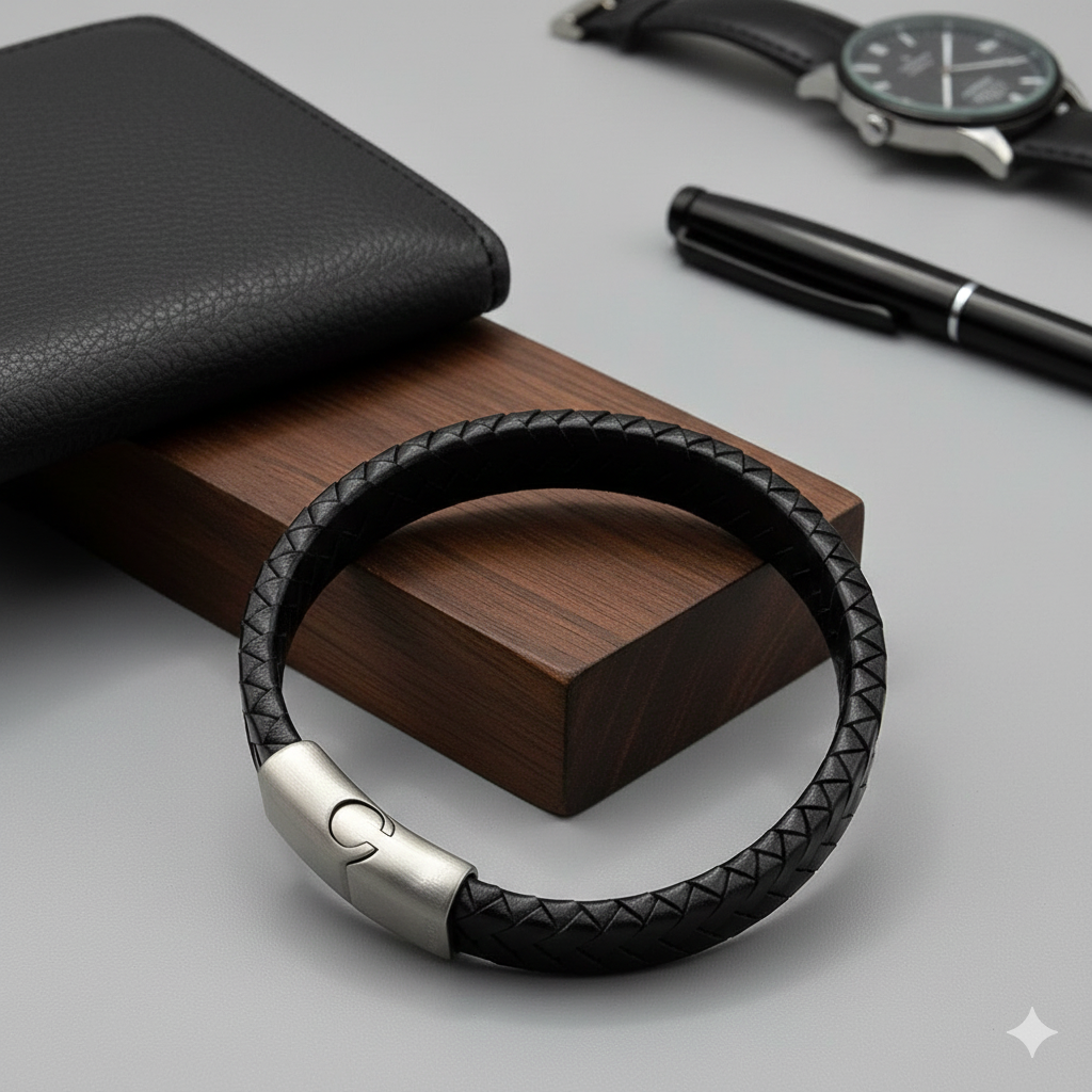 Herren Armband / Nero Intreccio / Kalbsleder + Edelstahl / schlicht und edel