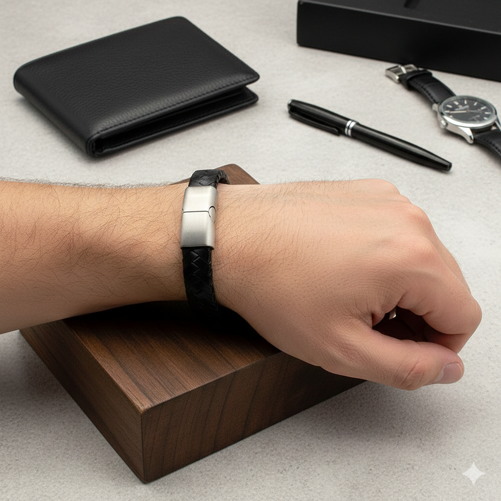 Herren Armband / Nero Intreccio / Kalbsleder + Edelstahl / schlicht und edel