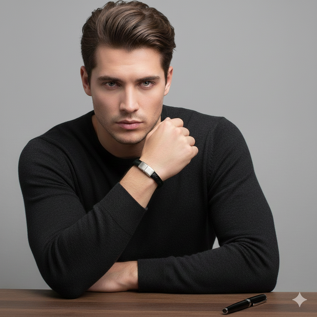 Herren Armband / Nero Intreccio / Kalbsleder + Edelstahl / schlicht und edel