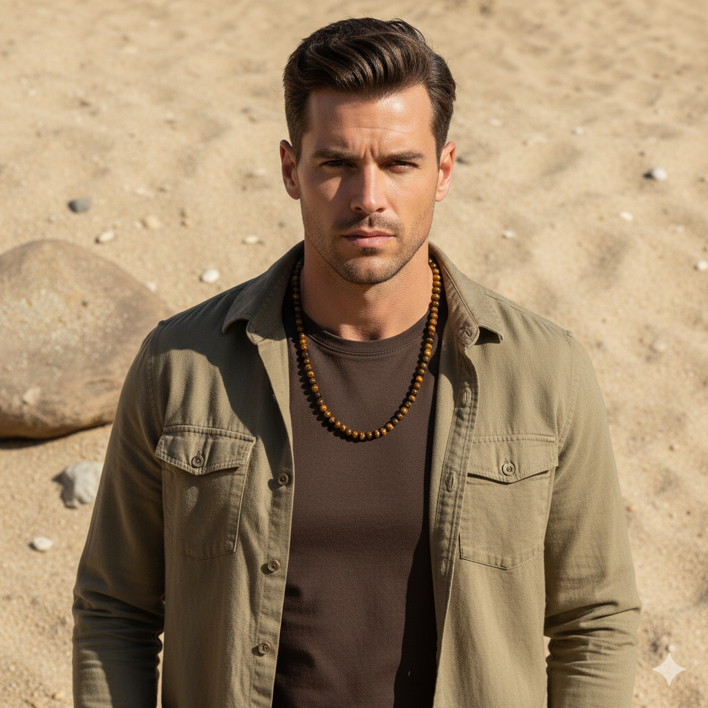 Herren Halskette / Occhio del Tigre / Edelstein Tigerauge / Edelstahl / kraftvoll