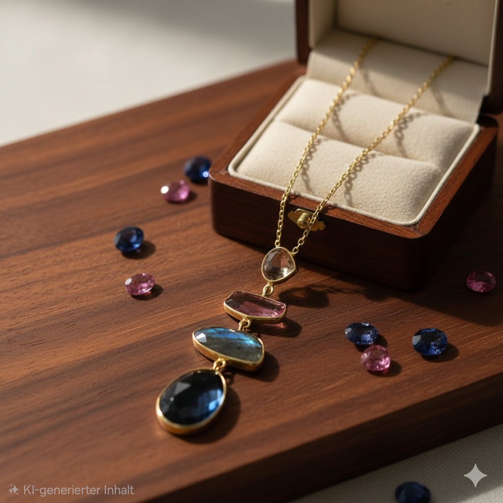 Damen Kette mit Edelsteinen / Pietre Colorate / 925er Silber vergoldet / Edelsteine / Elegant