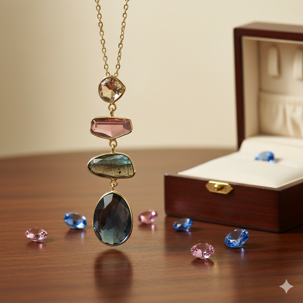 Damen Kette mit Edelsteinen / Pietre Colorate / 925er Silber vergoldet / Edelsteine / Elegant