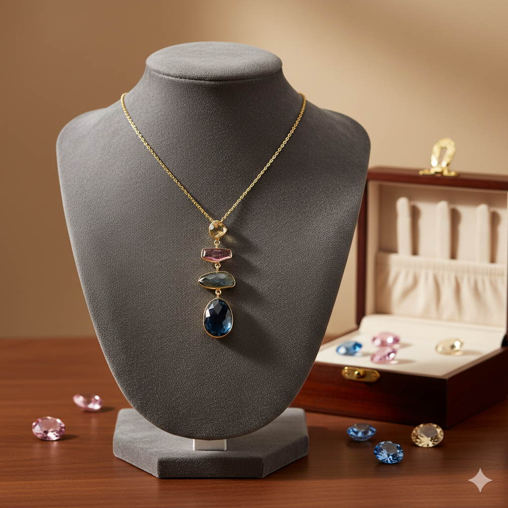 Damen Kette mit Edelsteinen / Pietre Colorate / 925er Silber vergoldet / Edelsteine / Elegant