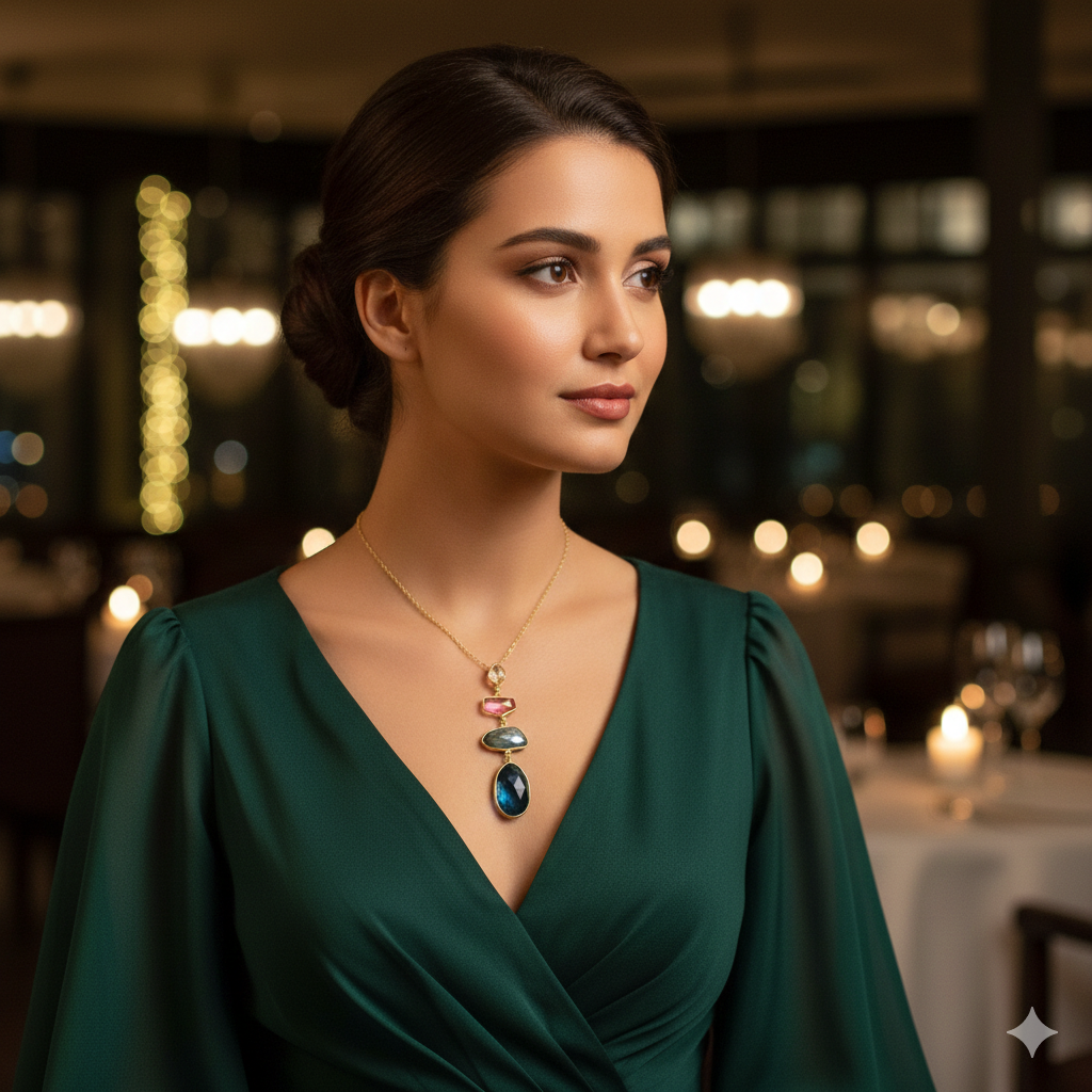 Damen Kette mit Edelsteinen / Pietre Colorate / 925er Silber vergoldet / Edelsteine / Elegant