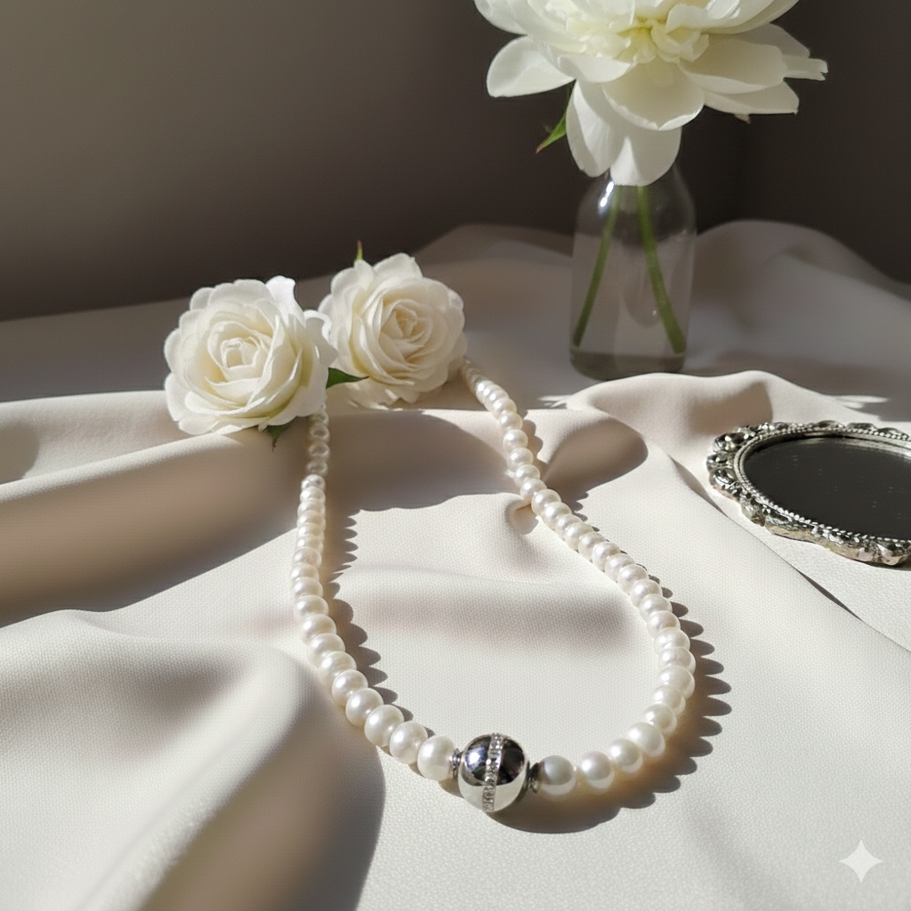 Damen Collier / Perla Prima / 925er Silber / Süßwasserperle + Zirkonia / Edel + feminin