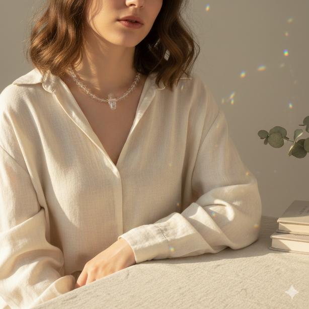 Damen Collier / Cristallo di Rocca / Bergkristall + Inclusenquarz / klar und edel