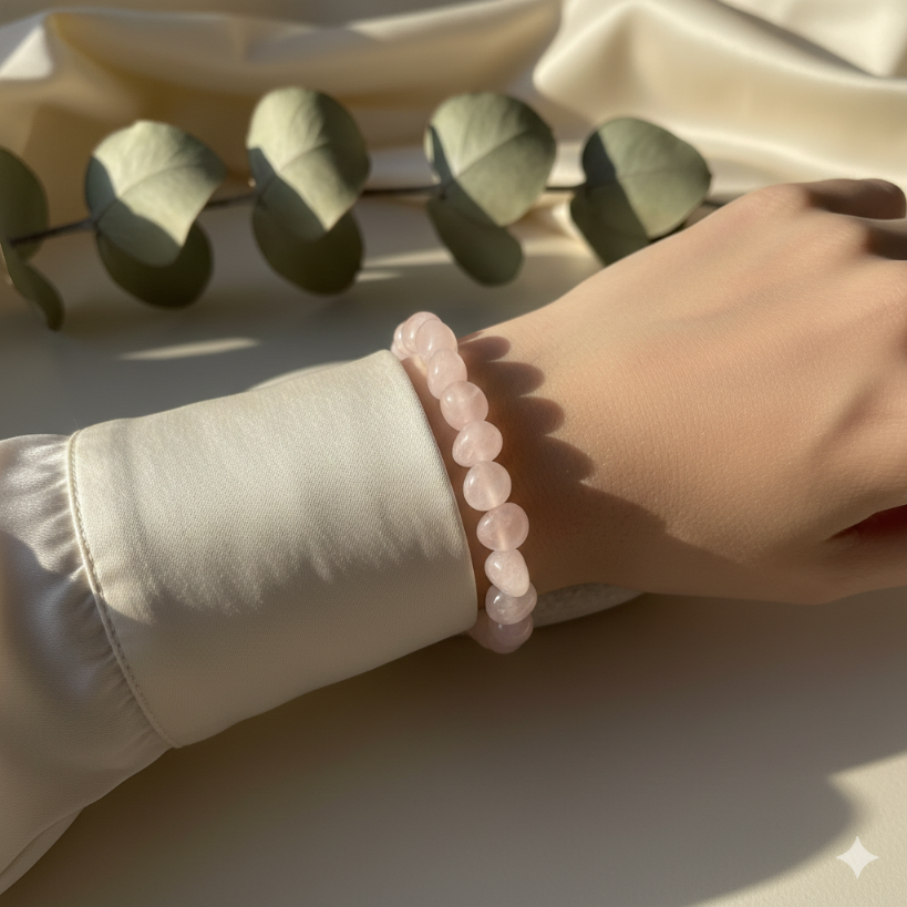 Damen Armband / Amore Naturale / Rosenquarz Nuggets 6 - 8 mm Kugeln