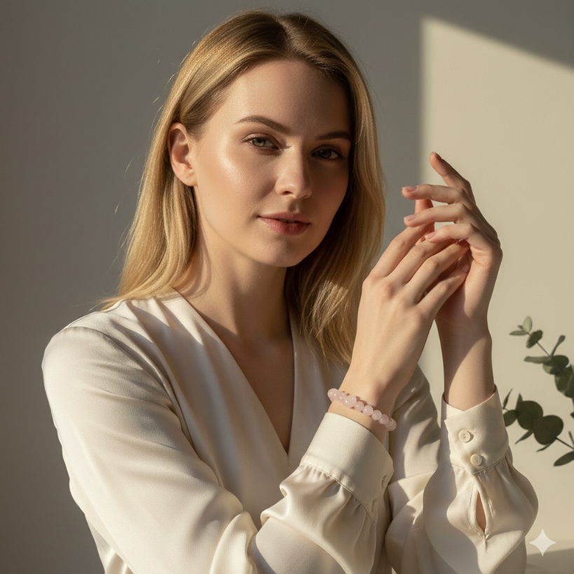 Damen Armband / Amore Naturale / Rosenquarz Nuggets 6 - 8 mm Kugeln