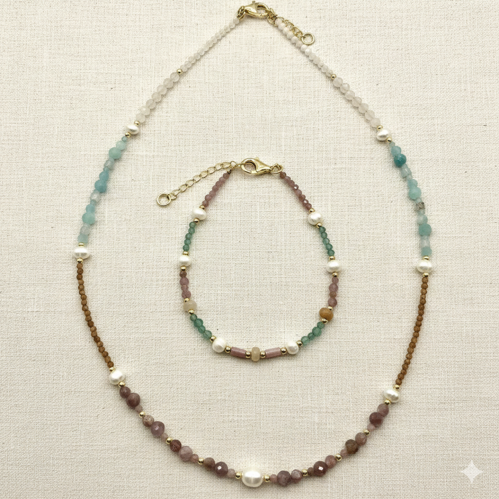 Damen Schmuckset  Collier + Armband / Armonia di Luce / 925er Silber vergoldet / Turmalin + Amazonit + Granat