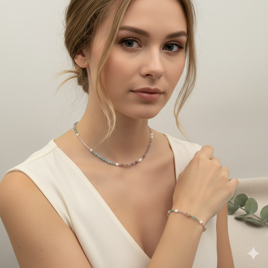 Damen Schmuckset  Collier + Armband / Armonia di Luce / 925er Silber vergoldet / Turmalin + Amazonit + Granat