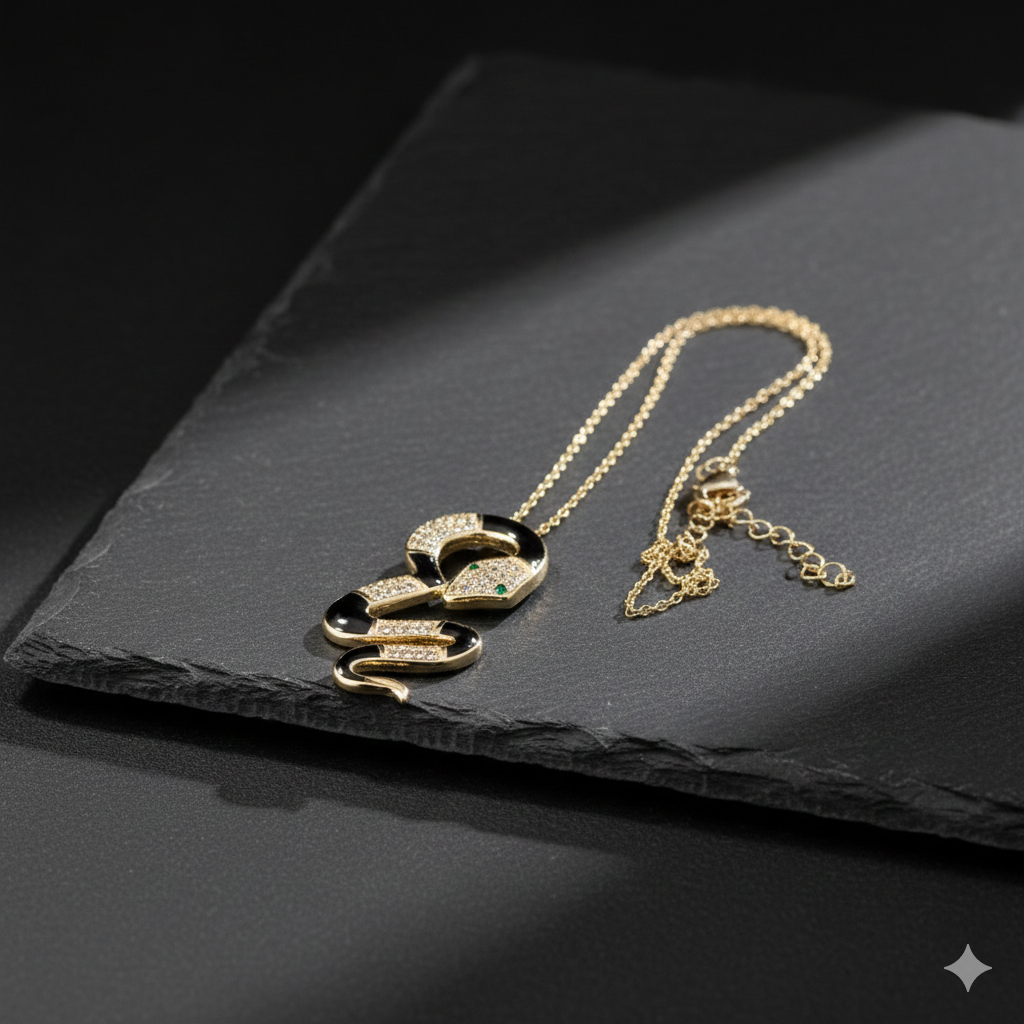 Damen Kette Schlange / Serpente Nero Oro / 925er Silber vergoldet / Zirkonia / Mystisch