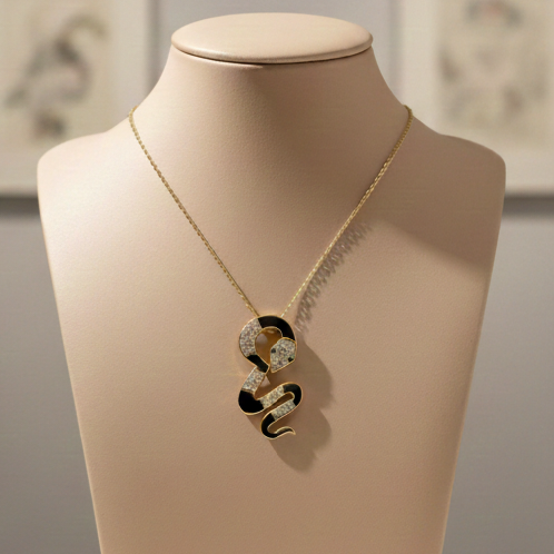 Damen Kette Schlange / Serpente Nero Oro / 925er Silber vergoldet / Zirkonia / Mystisch