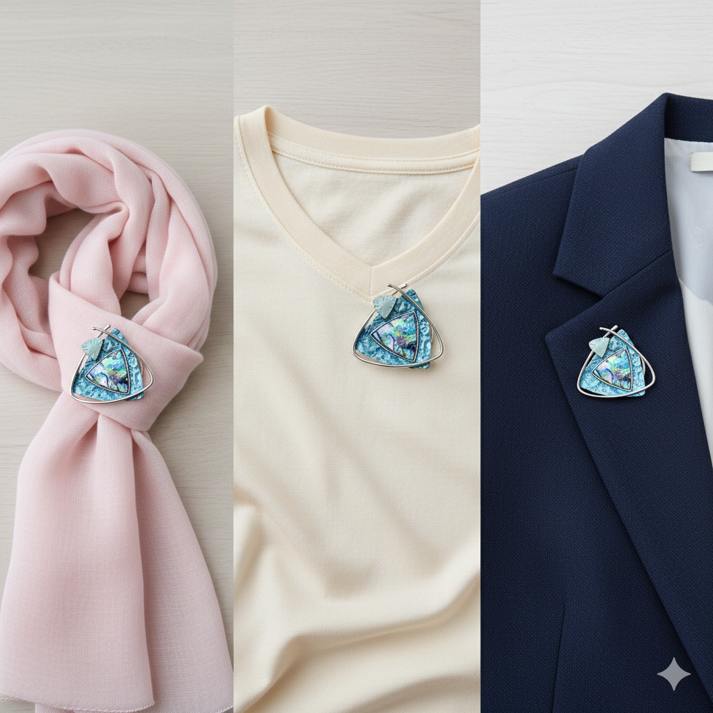 Schal-Magnet-Brosche / Triangolo dell'Oceano / versilbert / Abalone / Femininer Style