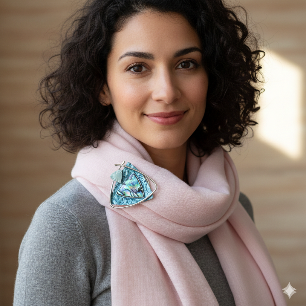 Schal-Magnet-Brosche / Triangolo dell'Oceano / versilbert / Abalone / Femininer Style