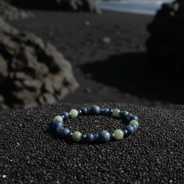 Damen Armband Edelstein / "Onda Minerale" / Koralle + Aquamatin + Jaspis + Perle / Silberdetail