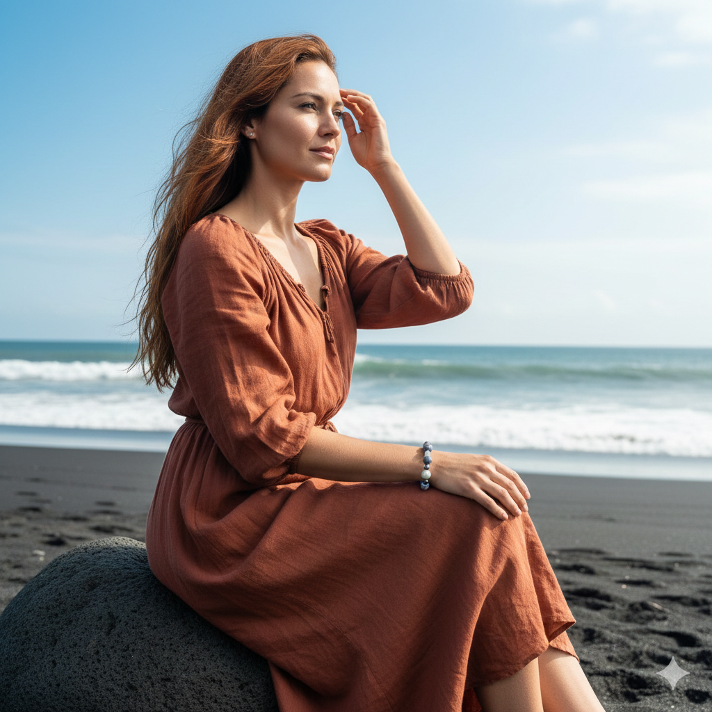 Damen Armband Edelstein / "Onda Minerale" / Koralle + Aquamatin + Jaspis + Perle / Silberdetail